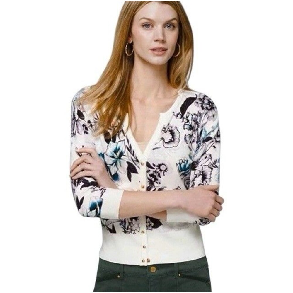 White House Black Market Floral Snap V- Neck Sweater Cardigan Size Small
